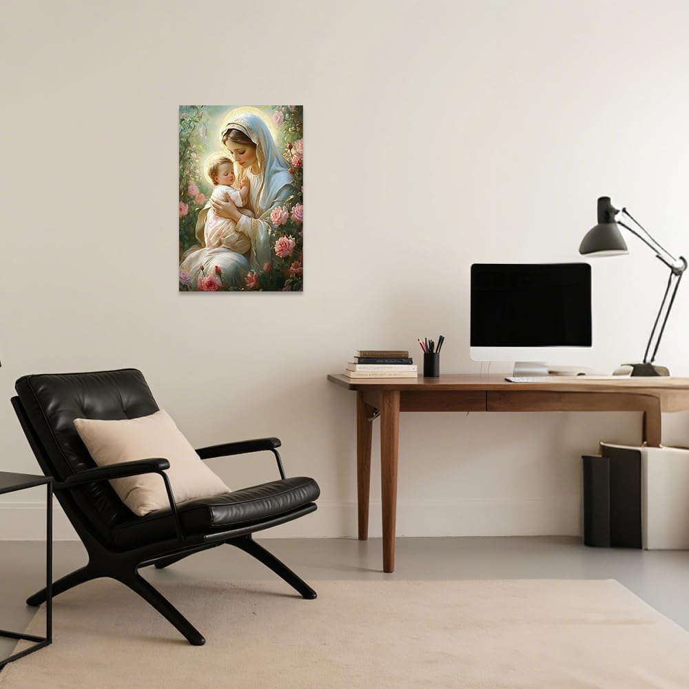 QIXIANG Virgin Mary Wall Art Catholic Saint Mary Canvas Painting Mother of Jesus Religious Wall Picture Christian Artwork Church Decor Framed(Green,12L x 18W)