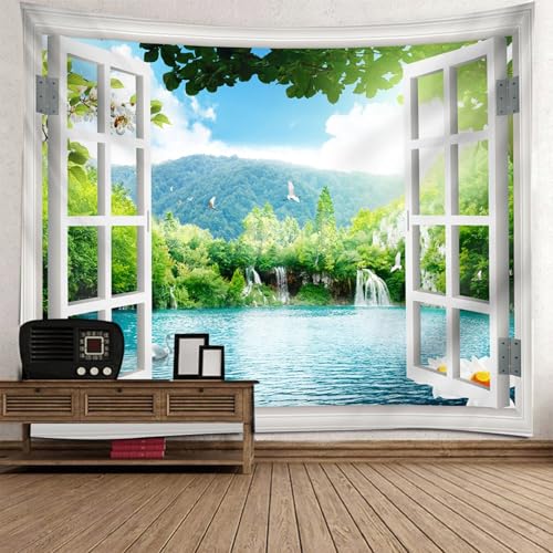 Tapiz para colgar en la pared que amplía tu dormitorio con vistas de montañas y lago