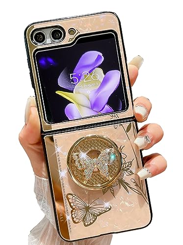 AMAZFCCY Galaxy Z Flip5 Kickstand Case,Cute Bling Butterfly Floral Elegant Luxury Rhinestone Diamond Shockproof Soft TPU Bumper Cover for Girls Women for Samsung Galaxy Z Flip 5 2023 (Rose Gold)