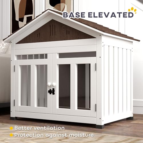 PawHut 40" L Dog House Outdoor Indoor, Wooden Dog Kennel for Small, Medium, Large Dogs, Puppy Shelter with Air Vents & Elevated Removable Floor, Magnetic Doors, Foot Covers, Dark Brown | Outdoor Indoor Use, Puppy Shelter, Elevated Removable Floor, Air Vents, Foot Covers - Image 7