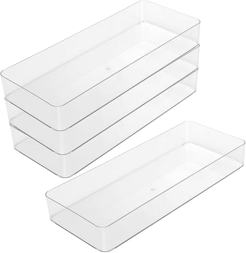 ZOENHOU 4 Pack 40x15x5.8cmLarge Drawer Organisers, Clear Plastic Storage Drawers,Versatile Clear Drawer Organizer Trays for Kitchen, Bathroom, Utensils, Makeup, Office, and Desk