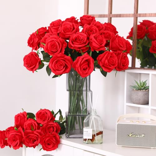 JUSTOYOU 20 PCS Red Rose Artificial Flower,Silk Blooming Rose with Stem,Artificial Rose Bouquet Realistic Flower for Home Table Office Party Wedding Garden Arrangements(Blossom Roses red) - Image 4
