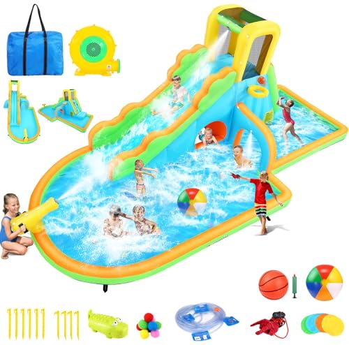 AKEYDIY Inflatable Water Slide - Large Wave Rider Water Bounce House, Blow Up Water Slide Park w/Splash Pool,Climb Wall,Basket-Rim,Water Cannon,Shower Head,Water Inflatables for Kids Backyard 3-12