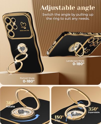 Unlicaku für Samsung Galaxy S25 Ultra Hülle mit Band, Herzen Doppelring Ständer Gewellter Handyhülle, Frauen Dünn Stoßfeste Süßer Rahmen Luxus Soft SchutzHülle für Galaxy S25 Ultra Case - Schwarz