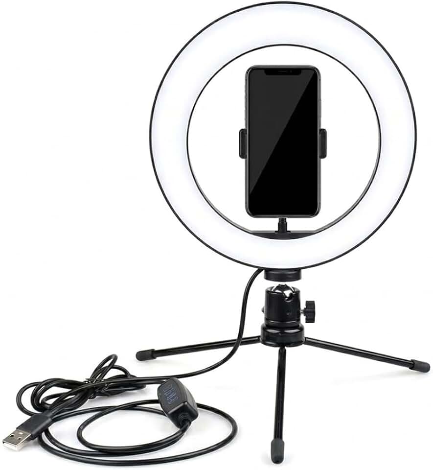 Ring Light 6 Polegadas com Tripé e Suporte para Celular 3 Modos de Luz LED, Brilho Ajustável para Foto e Vídeo