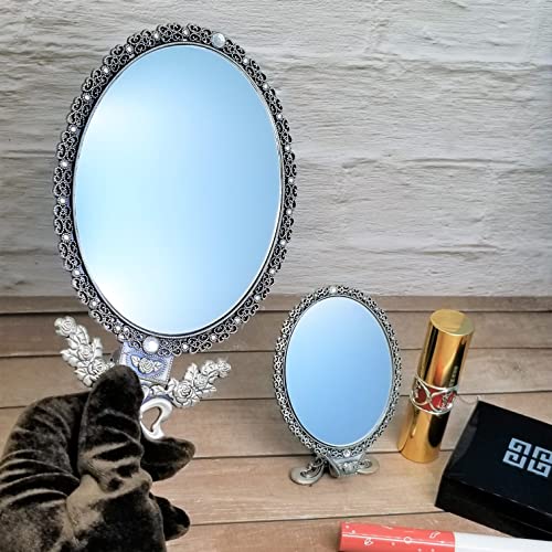 T-Box Goldentbox Vintage Antique Decorative Metal Handheld Portable Cosmetic Mirror Gift Set Of 2 For Traveling, Birthday, Wedding Anniversary, Valentine's Day, Mother's Day(Matte Gray) #TOP3
