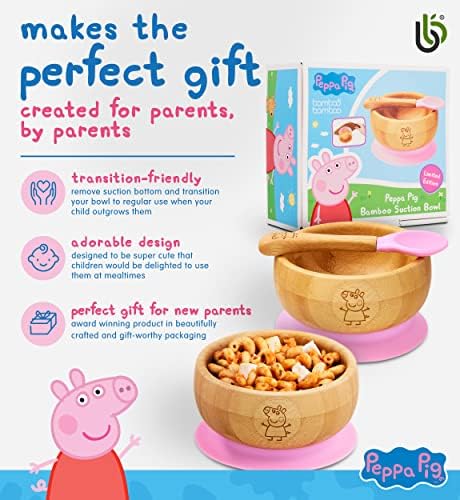 Peppa Pig Suction Bowl for Baby  Bamboo Baby Bowl and Spoon Set with Removable Silicone Suction Cup for Kids | 350ml | Non-Toxic | Cool to The Touch | Ideal for Baby-Led Weaning (Peppa Pig)