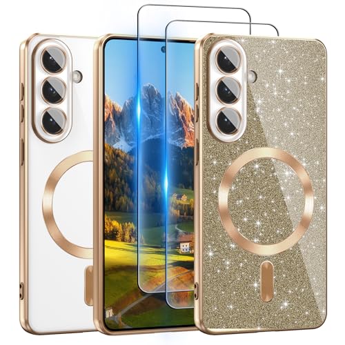 ATUMP for Samsung Galaxy S26 Plus Case Compatible with MagSafe, [Glitter Card & 2PCS HD Screen Protectors] Cute Bling Sparkly [Never Yellowing], Slim Anti-Scratch Soft Clear Case for S26+ Plus, Gold