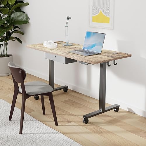 BANTI Electric Standing Desk with Drawer, 55x24 Inches Adjustable Height Sit Stand Up Desk, Home Office Desk Computer Workstation, Vintage Brown