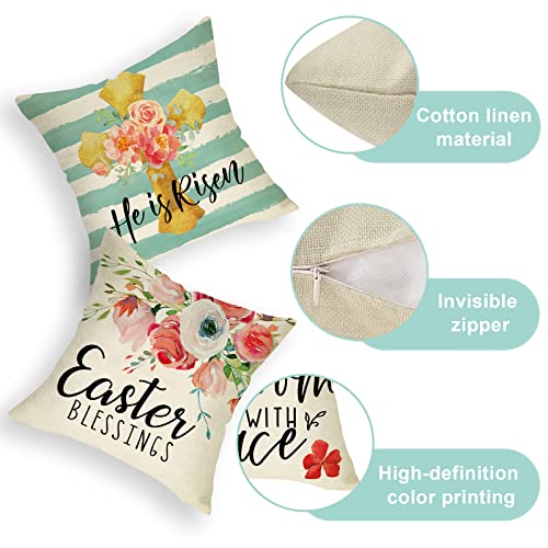 Ussap Happy Easter Religious Bunny Eggs Flower Decorative Throw Pillow Covers 18 X 18 Set Of 4, He Is Risen Cross Blessing Christian Cushion Case Decor, Rabbit Crossing Floral Stripes Couch Decoration #TOP5