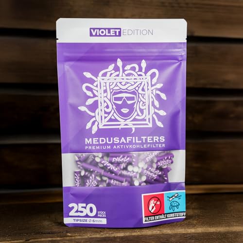 Medusafilters 250 Stück 6mm Ø Slim Premium Aktivkohlefilter mit veganen Fasercaps & Kokos Aktivkohle | Filter mit 25mm Länge made in Germany (VIOLET EDITION)