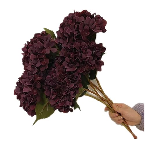 Baitang 5pcs Artificial Retro Color Hydrangea Flower Branch Faux Hydrangea Macrophylla for Wedding Centerpieces Home Party Floral Arrangement (Dark Red)