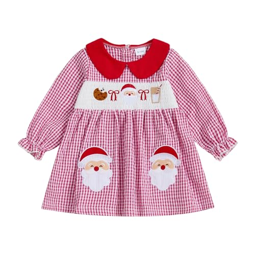 ZIXILOVGIR Toddler Baby Girl Christmas Dress Santa Embroidery Dresses Long Sleeve Doll Collar Kids Smocked Christmas Dress (Pink & Red Plaid, 18-24 Months)