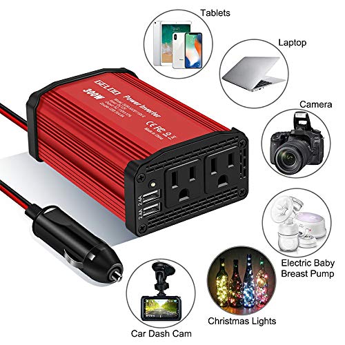 GELOO 300W Power Inverter, DC 12V to 110V AC Car Power Converter with 4.8A Dual USB Ports Car Charger Adapter (Red)
