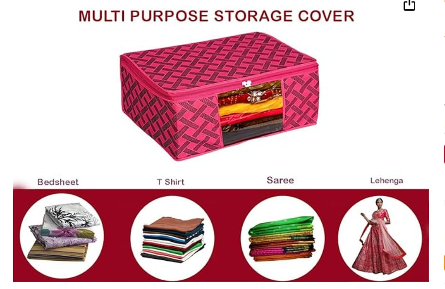 Image of Saree Organizer For Wardrobe - Foldable Saree Covers With Zip, Multipurpose Storage Bag For Suit, Lehanga, Dress Packing With Transparent Window, Pack of 1