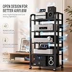 5-Tier Av Media Stand with Wheels, Audio Tower Rack with Adjustable Shelves, Stereo Racks and Stands with Storage Shelves, Media Console for Home, Office, Theater, Black