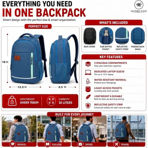Image of EASTERN WIND 30L & 37L School Bag Backpack, 3 Compartments, Raincover, Laptop Sleeve, Safety Strip, Organizer. School Bag for Boys & Girls, College Bag, Office Bag.