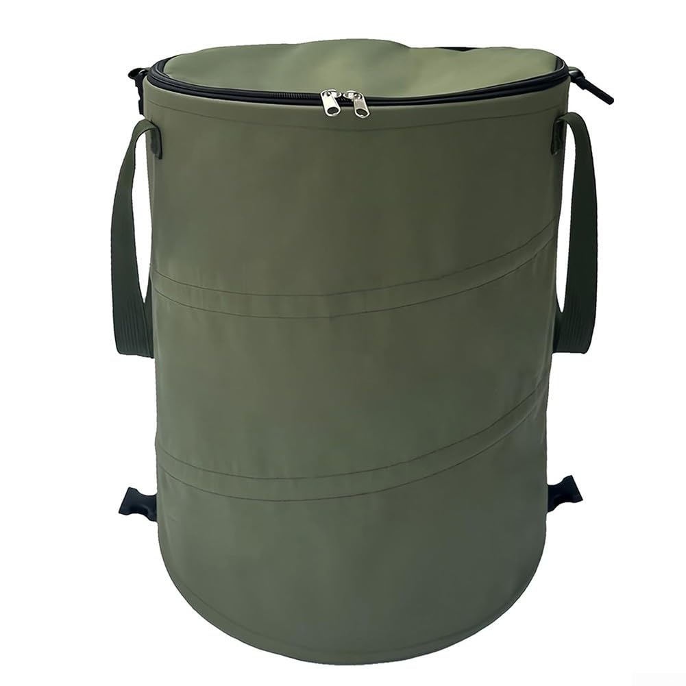 Garten-Mülleimer mit Deckel für draußen, zusammenklappbarer Outdoor-Camping-Mülleimer, 34 x 40 cm, faltbarer Müllsackhalter für Grillen, Picknicks, Wandern, Abfallaufbewahrung, Grün, Khaki