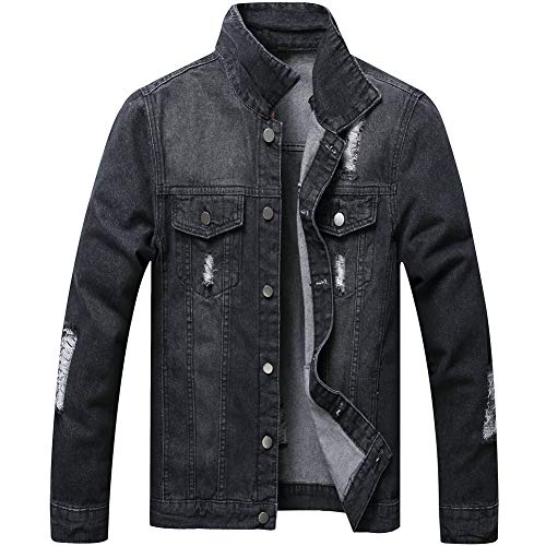 Image of LZLER Men's Denim Jackets Distressed Destroyed Classic Vintage Slim Fit Ripped Fashion Trendy Trucker Jean Jackets