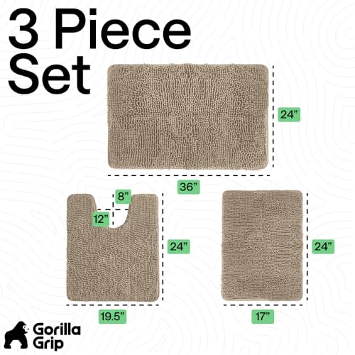 Image of GORILLA GRIP Bathroom Rug Sets 3 Piece, Bath Mat Set and Oval Toilet Base with Rubber Backing, Plush Absorbent Shaggy Chenille Washable Mats, Includes 24x19.5, 24x17 and 36x24 Inch Rugs, Gray Beige
