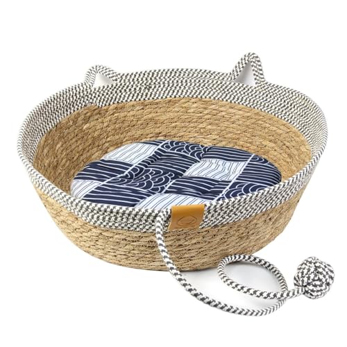 RSHVSMS Corda di cotone per gatti, lavabile, con cuscino rinfrescante e palla di corda, cestino per gatti traspirante, per cuccioli di gattini, XXL, 48 x 48 x 15 cm (grigio-bianco)
