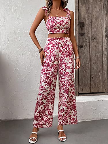 Floerns Women's 2 Piece Summer Outfit Floral Print Knot Shoulder Zip Back Crop Cami Top and Maxi Pants Set3
