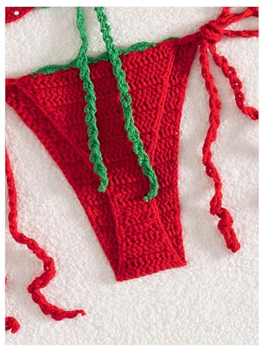 OYOANGLE Women's Crochet Knit Cover Ups Strawberry Halter String Bikini Set Tie Side Bathing Suits4