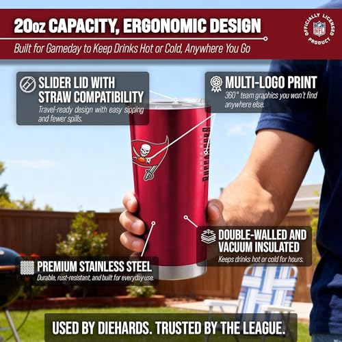 Image of Tampa Bay Buccaneers NFL 20oz Stainless Steel Insulated Tumbler, Slider Lid | Officially licensed Buccaneers drinkware; double-wall vacuum construction; cupholder compatible; BPA-free; hand wash only