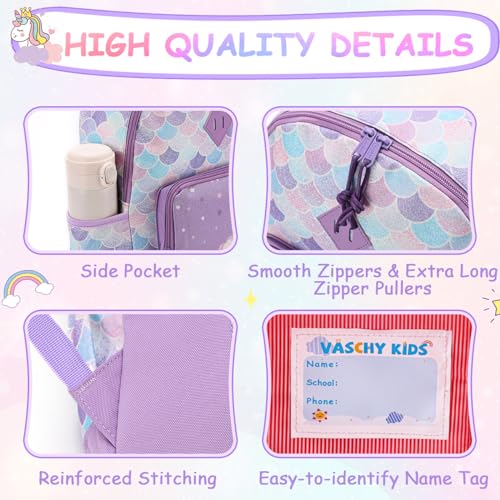 Miniatura 4 de Vaschy Mochila Niña, Mochila Unicornio Mariposa Mochila Escolar Primaria Mochila Infantil 4-6 Años Mochila Chica Ajustar Carpeta A4 Con Bolsillos Laterales Y Correa En Pecho, Unicornio Sirena