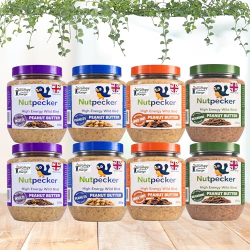 Grumpy Gardener NutPecker Peanut Butter Bird Food for Wild Birds - Mixed Variety Suet Bird Feeding Nourishment High-Energy Made in the UK Wild Bird Food | Variety Flavors 8 x 330g each