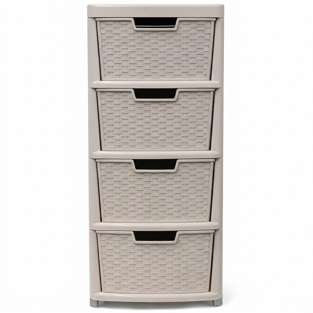 Kaanco Large Plastic Storage Drawers Rattan Effect Storage Unit Tower Space Saving Plastic Drawers for Bedroom Office Kitchen Laundry Bathroom Clothes Toy Home Organisation (4 Tier Rattan Mushroom)