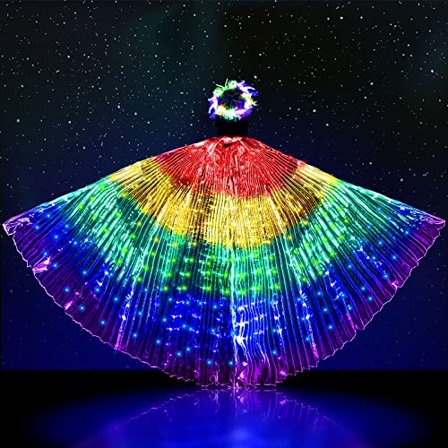 LED Belly Dance Wing Light up Headband, Glow Butterfly Wing Cape with Telescopic Sticks for Adult Women, Luminous Feather Headband Rainbow Costume for Stage Christmas Carnival Party Supplies