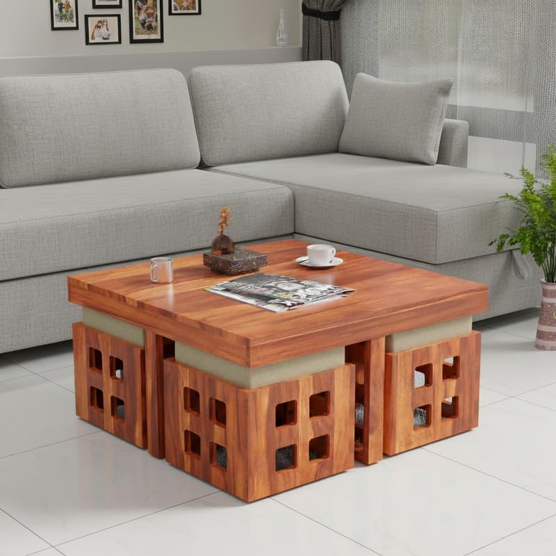 Image of Solid Sheesham Wood Coffee Table with 4 Stool | Center Table with 4 Stools for Living Room | Rosewood Teapoy Table with Cushioned Stool (Square,Honey Finish)