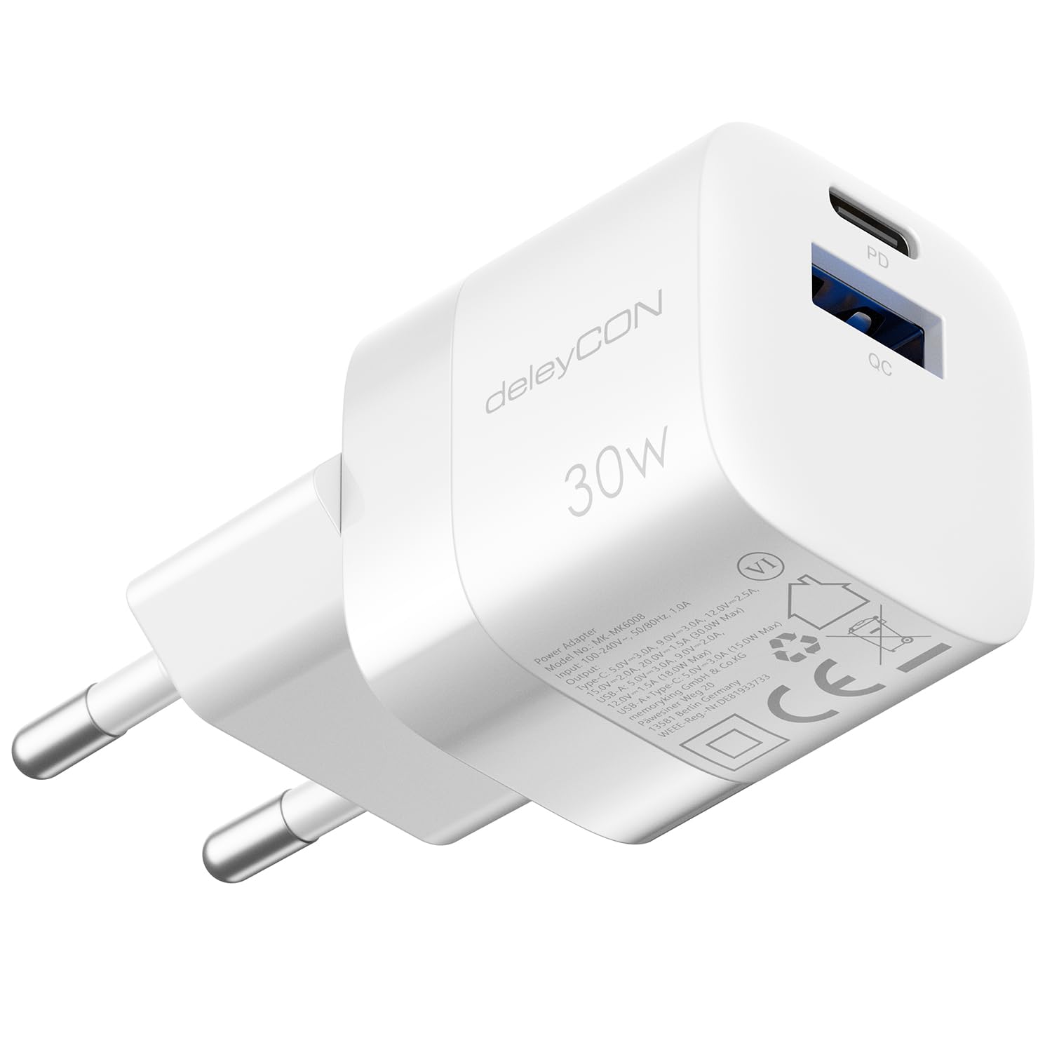 DeleyCON Caricabatterie USB-A E USB-C 20W – Alimentatore Rapido Compatto PD 3.0 – Nero