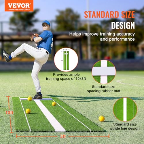 VEVOR 10x3ft Softball/Baseball Pitching Mat with Rubber Mound - Anti-Fade Turf & Anti-Slip Foam Backing, Portable Fastpitch Training Aid for Indoor/Outdoor Practice (Red/Green)2