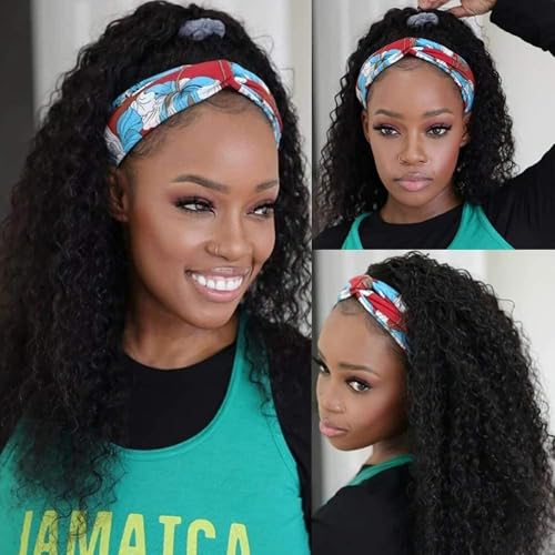 Image of KLAIYI Human Hair Water Wave Curly Non Lace Front Wigs for Black Women, Deep Wave Glueless Wear and Go Half Wig, 30S Ready to Go Wig with Band, Beginner Friendly, 20Inch
