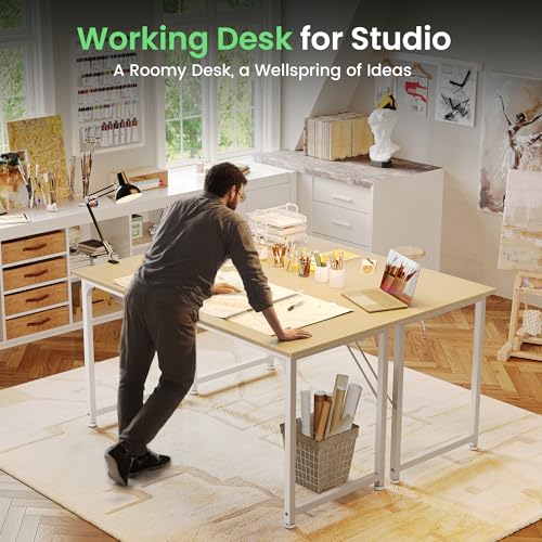 Image of Huuger Computer Desk, 54 Inch Office Desk, Gaming Desk with Storage, Writing Desk Work Desk for Home Office, Study, Modern Simple Desk, Large Legroom, Metal Frame, Maple