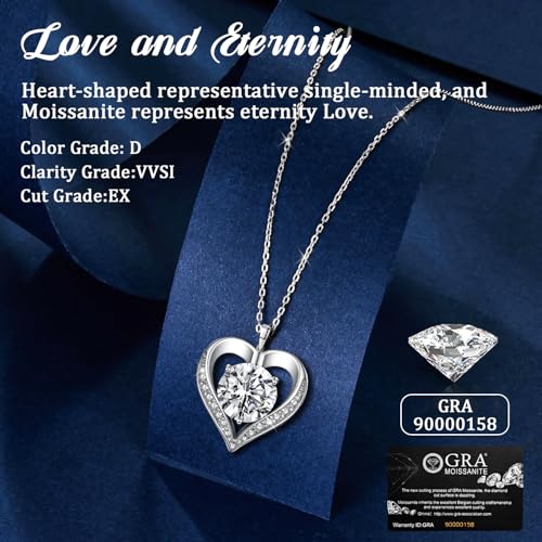 Moissanite Necklace for Women, 925 Sterling Silver Heart Necklace, Hypoallergenic Diamond Pendant Necklaces Jewelry Anniversary Brithday Gifts for Women Wife Girlfriend3