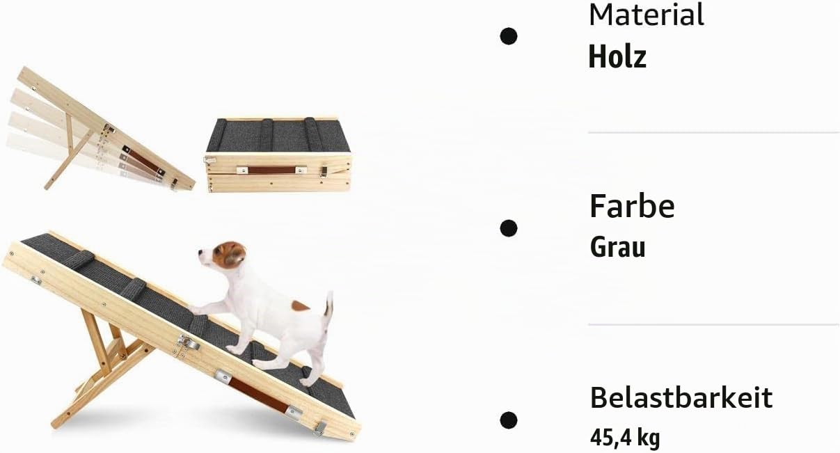 Hunderampe,Hundetreppe aus Holz,Tragbare Katzen Rampe für Bett Sofa, 4 Höhenverstellbare von 25CM bis 48CM mit Rutschfester Trittmatte, Hölzerne Haustierrampe Klappbar für Bett Oder Sofa