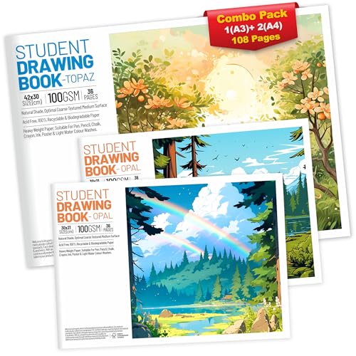 Combo de cuaderno de bocetos A3 + A4, paquete de 3 (108 páginas en total) | Papel de cartucho de 100 g/m² - Bloc A3 + 2 blocs A4 | Bloc de dibujo de cubierta suave para artistas, estudiantes y niños