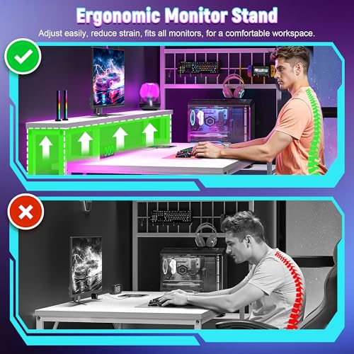 Image of DurayLoly 63 inch Computer Desk with LED Lights & Outlets,Office Desk with Drawers & Monitor Stand,Gaming Desk with 3 Storage Shelves, Hooks& Printer Space for Game&Study Room,Home Office,Bedroom,White