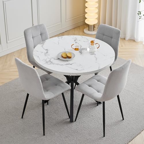 HJhomeheart Esstisch- und Stuhlset 4 Cord mit Hoher Rückenlehne und EIN 100 cm Langer Moderner Runder Esstisch Geeignet für Küchen Esszimmer und Wohnzimmer-Schwarze Tischbeine + Hellgrau