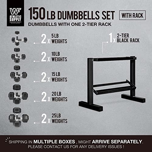 WF Athletic Supply 5-25Lb Rubber Coated Hex Dumbbell Set with Two Tier Storage Rack Non-Slip Hex Shape for Muscle Toning, Strength Building & Weight Loss - Multiple Choices Available