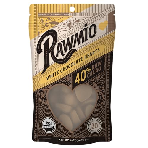 Rawmio White Chocolate Hearts, 40% Cacao - 2 Oz - Raw, Organic, Vegan, Fair Trade (1 Bag (2 Ounce))