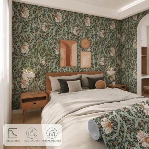 Image of Sage Green Vintage Floral Peel and Stick Wallpaper - Elegant Botanical Self Adhesive Wallpaper Roll for Living Room, Bedroom, Hallway, Accent Wall, Cabinet & Furniture