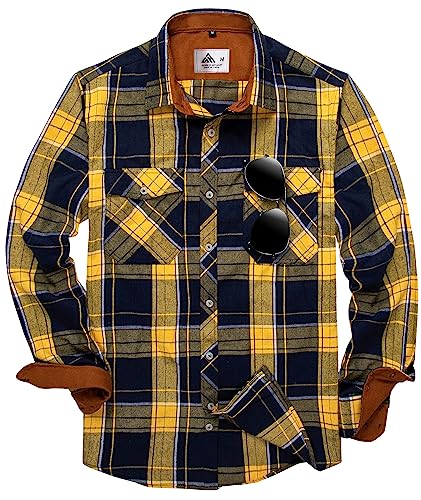 onedog Chemise à Carreaux en Flanelle pour Homme - Chemise à Carreaux boutonnée en Coton - Coupe régulière - Manches Longues avec Poche de Poitrine, 1480 Jaune Marine, 3XL
