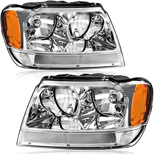 Get Special Price OEDRO Headlights Assembly Compatible with 1999-2004 Jeep Grand Cherokee 4 Door Headlights with Amber Reflectors Clear Chrome Housing (Driver & Passenger Side)