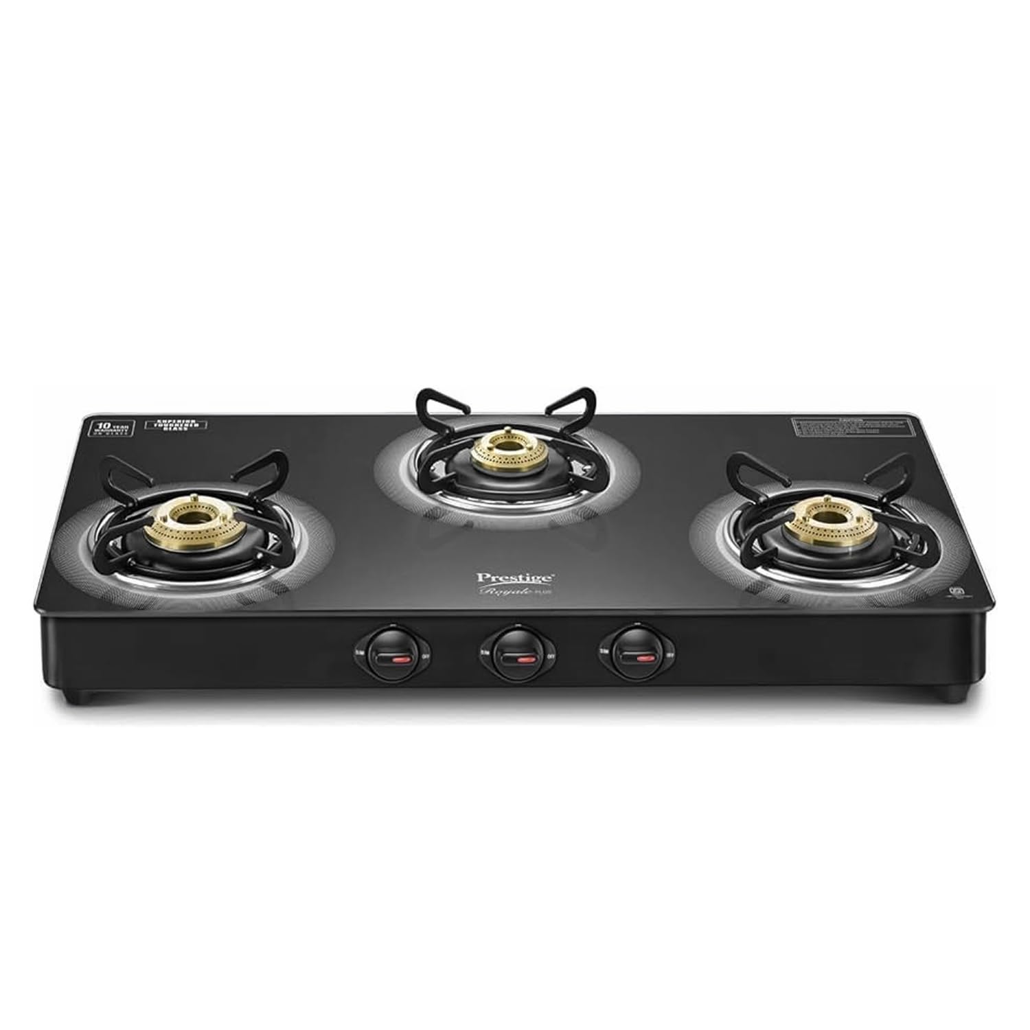 Prestige Royale Plus GT 03L Toughened Black Glass Top Gas Stove(Manual, 3 Brass Burners, Black, Baati/Tandoor Stand Inside)-image-45