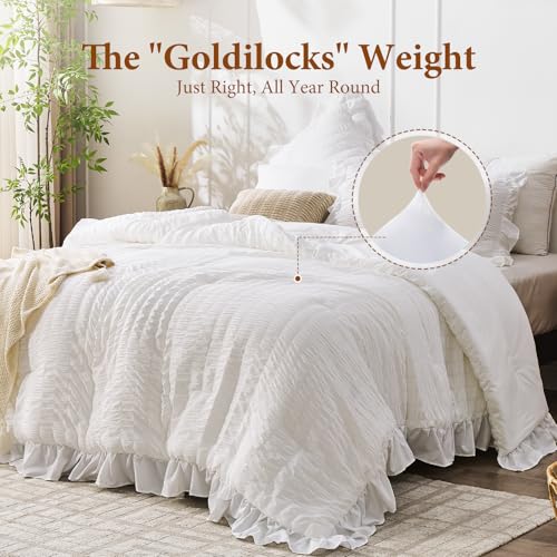 Image of JOLLYVOGUE Oversized Queen Comforter Set, 3 Pieces White Seersucker Comforters, Lightweight & Fluffy Bedding Sets for All Season with 1 Ruffle Comforter and 2 Ruffle Pillowshams