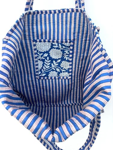 Image of Quilted Cotton Handprinted Reversible Large multicolor Floral Tote Bag,Hand Block Print Shopping Shoulder Carry Bag